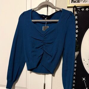 Elegant Blue Ruched Women's Blouse